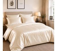 Hadi London Satin Silk 6 Piece Complete Bedding Set with Silky Deep Fitted Sheet Reversible Duvet Cover Comforter & 4 Pillowcases for Single Double King Super King Size Bed (Cream, King)