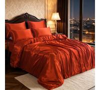 Hadi London Satin Silk 6 Piece Complete Bedding Set with Silky Deep Fitted Sheet Reversible Duvet Cover Comforter & 4 Pillowcases for Single Double King Super King Size Bed (Orange, King)