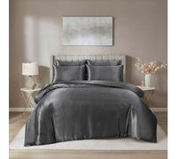 Hadi London Satin Silk 6 Piece Complete Bedding Set with Silky Deep Fitted Sheet Reversible Duvet Cover Comforter & 4 Pillowcases for Single Double King Super King Size Bed (Silver, Super King)