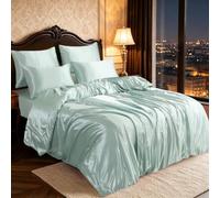 Hadi London Satin Silk 6 Piece Complete Bedding Set with Silky Deep Fitted Sheet Reversible Duvet Cover Comforter & 4 Pillowcases for Single Double King Super King Size Bed (Aqua, King)