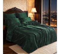 Hadi London Satin Silk 6 Piece Complete Bedding Set with Silky Deep Fitted Sheet Reversible Duvet Cover Comforter & 4 Pillowcases for Single Double King Super King Size Bed (Forest Green, Single)