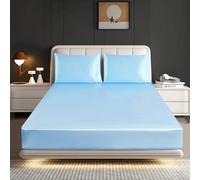 Hadi London Silk Satin Fitted Sheet Set with 2 pillowcases - Extra Deep 40cm Ultra-Soft, Available in Single, Double, King | Luxurious White Bedding and Multiple Colors (SKY-BLUE, SINGLE)