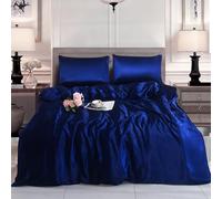 Hadi London Slik Satin Duvet Cover Sets - Luxurious Bedding with Zip Fastening - Soft and Breathable Quilt Cover with 2 Pillowcases - Available in Single, Double, and King Sizes (NAVY-BLUE, DOUBLE)