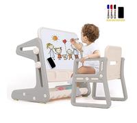 Hadibio 3 in 1 Kids Easel Height Adjustable, Art Easel Kids Drawing Board with Storage Tray, Magnetic Eraser and 3 Markers, Toddler Table and Chair Set for Boys Girls