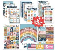 Hadley Designs 16 Boho Kids Educational Posters - Teacher Classroom Decor for Elementary, Pre K Learning for Toddlers 1-3