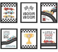 Hadley Designs 6 Race Cars Wall Decor - Racing Car Room Decor for Boys, Trophy and Checkered Flag Pictures Wall Decors for Kids, Unframed Race Cars Art for Boys Bedroom, Made in USA