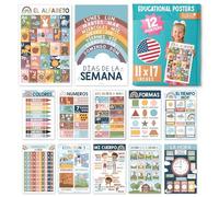 Hadley Designs Spanish Classroom Decorations - 12 Spanish Posters for Classroom Elementary, Abecedario para Niños en Español, Laminated Boho Bilingual Educational Posters 11x17