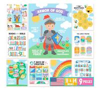 Hadley Designs Sunday School Decorations For Classroom -9 Bible Posters for Kids, 10 Commandments for Kids, Books of the Bible Poster, Fruit of the Spirit, Pastel Christian Posters for Classroom