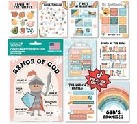 Hadley Designs Sunday School Decorations for Classroom - 9 Bible Posters for Kids, 11x14in Books of the Bible Poster, 10 Commandments, Fruits of the Spirit & More - Retro Christian Classroom Decor