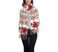 HADWAO Circular Art Symbols Brown Printed Fringed Scarf Fashion Long Cashmere Feel Scarf Womens Soft Scarf Shawl, Ukrainian Embroidery Style Rose, One Size