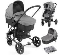 Hadwin Pram 2-in-1 Travel System, Foldable Baby Pushchair with Rain Cover, Reclinable Reversible Pushchair Seat from Birth, Buggy with Lying Function for Newborn to Toddler-Black & Grey