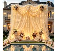 HAEFOO Champagne Tulle Backdrop Curtains with Lights String for Parties - 10×10Ft Sheer Backdrop Curtains with Lights for Wedding, Baby Shower, Birthday Party, Photo Shoot Background Decoration