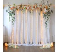 HAEFOO White Tulle Backdrop Curtains with Lights String for Parties - 10×8Ft Sheer Backdrop Curtains with Lights for Wedding, Baby Shower, Birthday Party, Photo Shoot Background Decoration