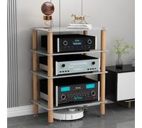 HAEKEBC 3/4 Tier HiFi Racks Media Storage Cabinet Audio Racks Tempered Glass Shelves Shock-absorbing Solid Wooden Legs For Audio Rack Cabinets(White,4 Tier)