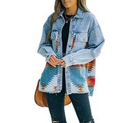 Haellun Women's Aztec Shacket Distressed Lapel Long Sleeve Button Down Jean Denim Jacket Coat, Orange, XXL