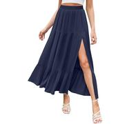 HAEOF Women's 2024 Summer High Waist Flowy Maxi Skirt High Slit A Line Beach Boho Long Skirts with Pockets, S-navyblue, XL