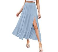 HAEOF Women's 2025 Summer Boho Flowy Maxi Skirt Trendy Slit Elastic High Waist A Line Beach Long Skirts with Pockets, S-lightblue, S