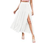 HAEOF Women's 2025 Summer Flowy Boho Maxi Skirt Trendy Slit Elastic High Waist A Line Beach Long Skirts with Pockets, S-White, S