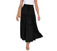 HAEOF Women's Boho Elastic High Waist A Line Ruffle Swing Beach Maxi Skirt with Pockets, Black, S