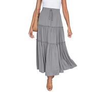 HAEOF Women's Boho Elastic High Waist A Line Ruffle Swing Beach Maxi Skirt with Pockets - grey - X-Large