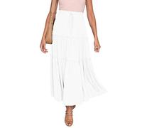 HAEOF Womens Summer Flowy Boho Maxi Skirt Elastic High Waist A Line Pleated Tiered Trendy Beach Long Skirts with Pockets, White, M