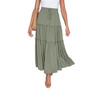 HAEOF Womens Summer Flowy Boho Maxi Skirt Elastic High Waist A Line Pleated Tiered Trendy Beach Long Skirts with Pockets, Green, XS