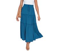 HAEOF Womens Summer Flowy Boho Maxi Skirt Elastic High Waist A Line Pleated Tiered Trendy Beach Long Skirts with Pockets, Lake Blue, L