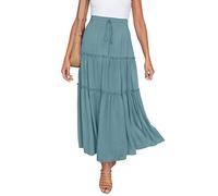 HAEOF Womens Summer Flowy Boho Maxi Skirt Elastic High Waist A Line Pleated Tiered Trendy Beach Long Skirts with Pockets, Dusty Blue, XS