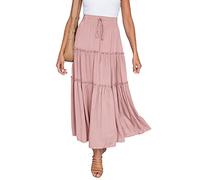 HAEOF Womens Summer Flowy Boho Maxi Skirt Elastic High Waist A Line Pleated Tiered Trendy Beach Long Skirts with Pockets, Pink, XS