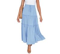 HAEOF Womens Summer Flowy Boho Maxi Skirt Elastic High Waist A Line Pleated Tiered Trendy Beach Long Skirts with Pockets, Blue, XL