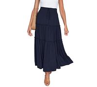 HAEOF Womens Summer Flowy Boho Maxi Skirt Elastic High Waist A Line Pleated Tiered Trendy Beach Long Skirts with Pockets, Navy, M