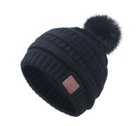 HaetFire Wireless Music Beanie with Bluetooth Headphone Winter Warm Pompon Knit Hat Headset Skull Cap Built-in Speaker Mic for Women Teenagers Girls Outdoor Sports Running Skiing Skating Black