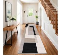 Hafaa Carpet Runners for Living room Black and Silver Runner Rugs for Hallway Non-Slip long 80 x 300 cm - Greek Key Style Modern Low Pile Bedroom Carpet (Milo Neutral)