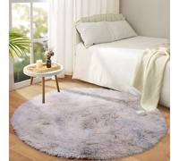 Hafaa Fluffy Shaggy Rugs Living Room Tie-Dye Light Grey 120x120 cm Round, Soft Thick Pile Carpet, Non Slip Circle Bedside Rug for Kids Bedroom, Nursery, Lounge - Non-Shedding