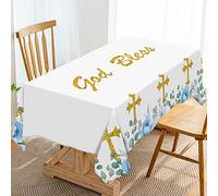Hafangry God Bless Tablecloth Boy First Holy Communion Blue Baptism Christening Party Decoration Christian Cross Kitchen Dining Room Table Cloth Home Decor-60×84inch