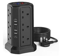 HAFINO Tower Extension Lead with USB Slots, 18W USB C Fast Charger, 5 USB and 12 Way Extension Tower, Surge Protection Extension Lead with Switch, Extension Cable for Home, Office, Black 1.8M-18W