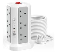 HAFINO Tower Extension Lead with USB Slots, 18W USB C Fast Charger, 5 USB and 12 Way Extension Tower, Surge Protection Extension Lead with Switch (Gray and White, 5M-65W)