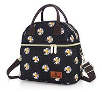Hafmall Insulated Lunch Bag for Women, 9L Dual Compartment Lunch Cool Bag for Work School, Adult Lunch Bag with Shoulder Straps, Black+Daisy