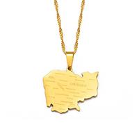 Hafrita Cambodia Map Pendant Necklace Cambodian Stainless Steel Chain Pendant Necklace, 60cm, Copper, Agate