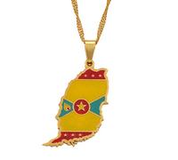 Hafrita Grenada Island Map Flag Pendant Water Wave Necklaces Stainless Steel Necklace, 45cm Thin Chain, Metal, Agate