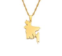 Hafrita Map Of Bangladesh Pendant Necklaces Gold Stainless Steel Maps Chains Necklace, 45cm Thin Chain, Metal, Agate