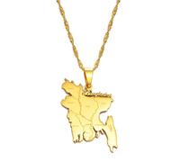 Hafrita Map Of Bangladesh Pendant Necklaces Gold Stainless Steel Maps Chains Necklace, Metal, Agate