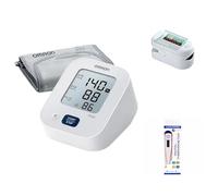 Haftek S9 Pulse Oximeter & Omron M2 Essential Upper Arm Blood Pressure Monitor Bundle + Haftek Digital Thermometer | Complete Home Vitals Kit
