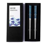 Hagary Blue Wave Chopsticks 2 Pairs Metal Chopsticks Reusable Designed in Korea Japanese Style Stainless Steel 316 18/10 Non-Slip Dishwasher Safe