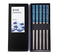 Hagary Blue Wave Chopsticks 5 Pairs Metal Chopsticks Reusable Designed In Korea Japanese Style Stainless Steel 316 18/10 Non-Slip Dishwasher Safe Laser Engraved