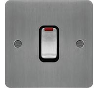 Hager WFDP84NBSB Sollysta Flat Plate 20A Double Pole Switch + LED Indicator - Brushed Steel + Black Insert