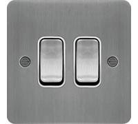 Hager WFPS22BSW Sollysta Flat Plate 10AX 2 Gang 2 Way Wall Switch - Brushed Steel + White Insert