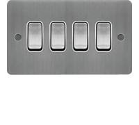 Hager WFPS42BSW Sollysta Flat Plate 10AX 4 Gang 2 Way Wall Switch - Brushed Steel + White Insert