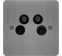 Hager WFQXBSB Sollysta Flat Plate TV & FM/DAB & SAT 1&2 Outlet Brushed Steel + Black Insert