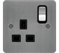 Hager WFSS81BSB Sollysta Flat Plate 13A 1 Gang Double Pole Switch Socket - Brushed Steel + Black Insert